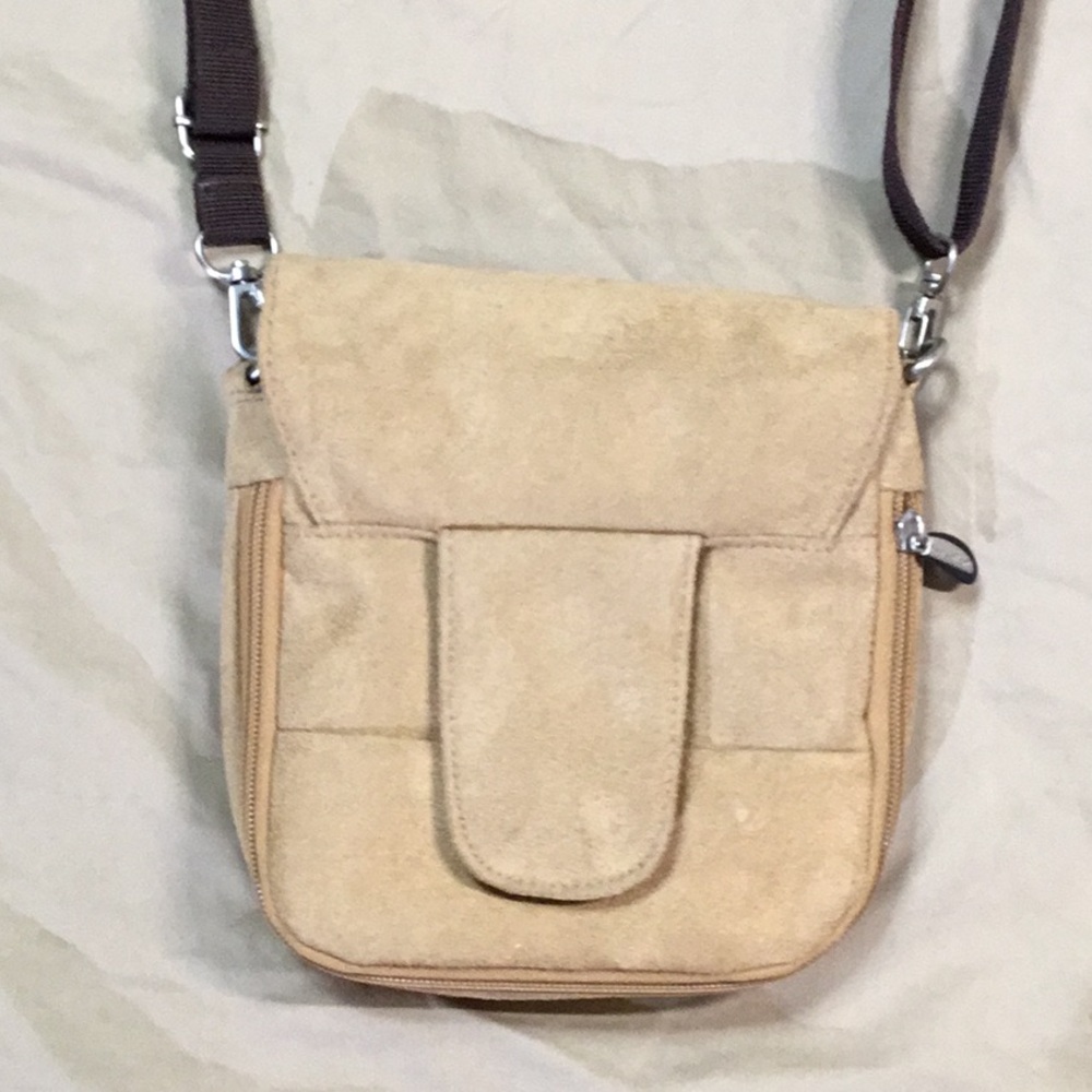 Travelon Crossbody Bag Tan Faux Suede Antitheft Travel Casual Everyday - Picture 2 of 7